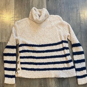 Elegant Cream and Navy Striped Turtleneck Sweater